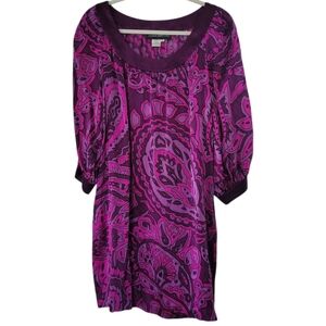 Donna Morgan Silk Dress Tunic Size 10 Paisely Purple Pink Pockets **Altered Hem